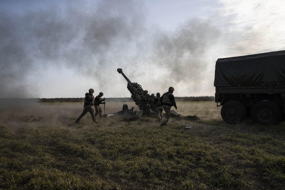 The Ukrainian artillery battery attached to the 59th Mechanized Brigade shoots a howitzer toward points controlled by Russia in the Kherson region on Saturday.