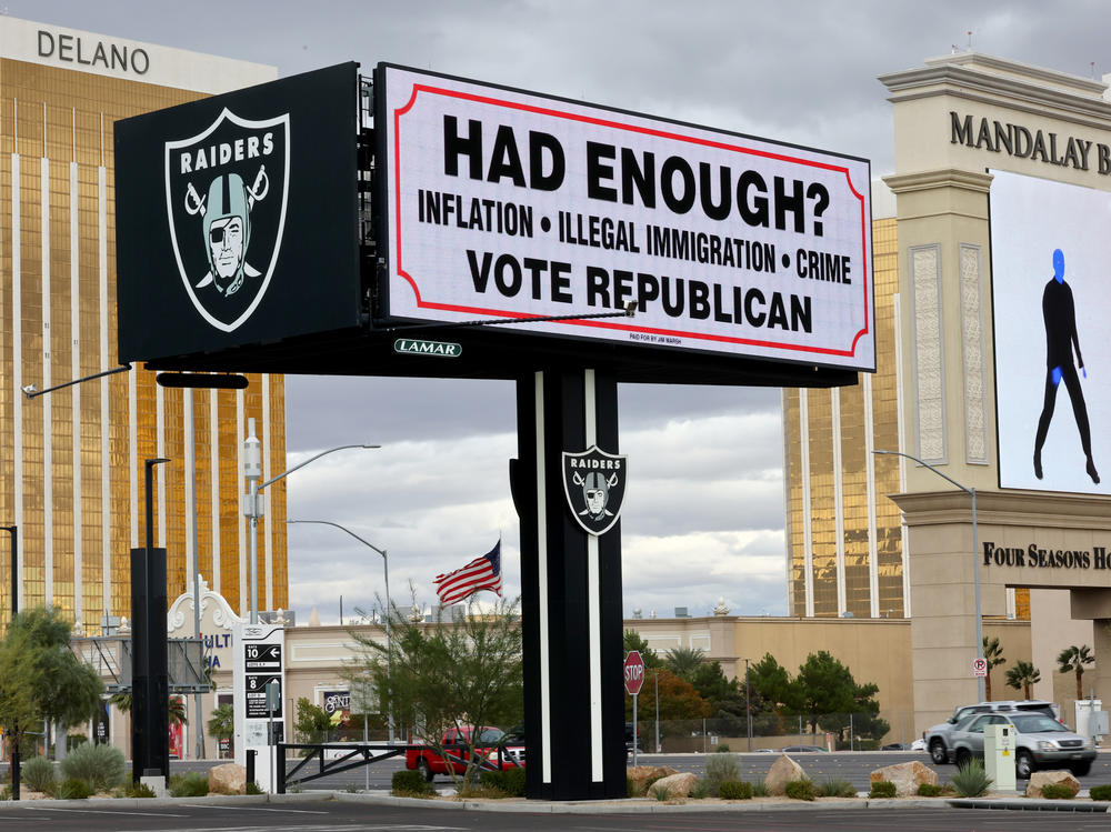 A sign displayed in favor of Republicans is seen near the Las Vegas Strip Monday.
