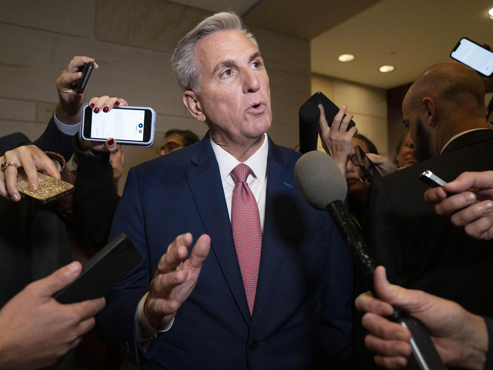 House Minority Leader Kevin McCarthy, of Calif., talks to reporters, Tuesday, Nov. 15, 2022, on Capitol Hill in Washington.