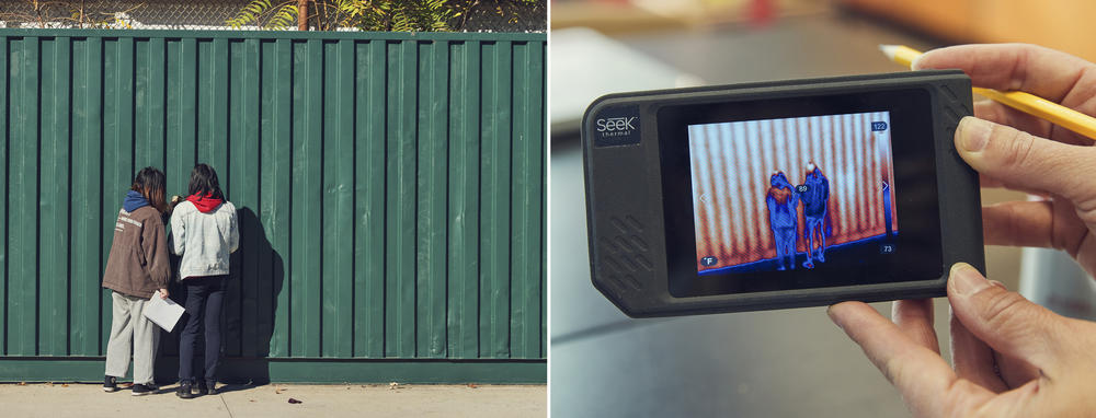Two students measure the temperature of a metal shipping container in the parking lot of their school (L). A thermal camera image (R) of them at work suggests they'll find differences even up and down the container wall.