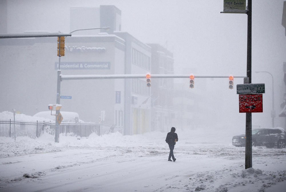 A person crosses Ellicott Street as snow falls Friday, Nov. 18 in Buffalo.