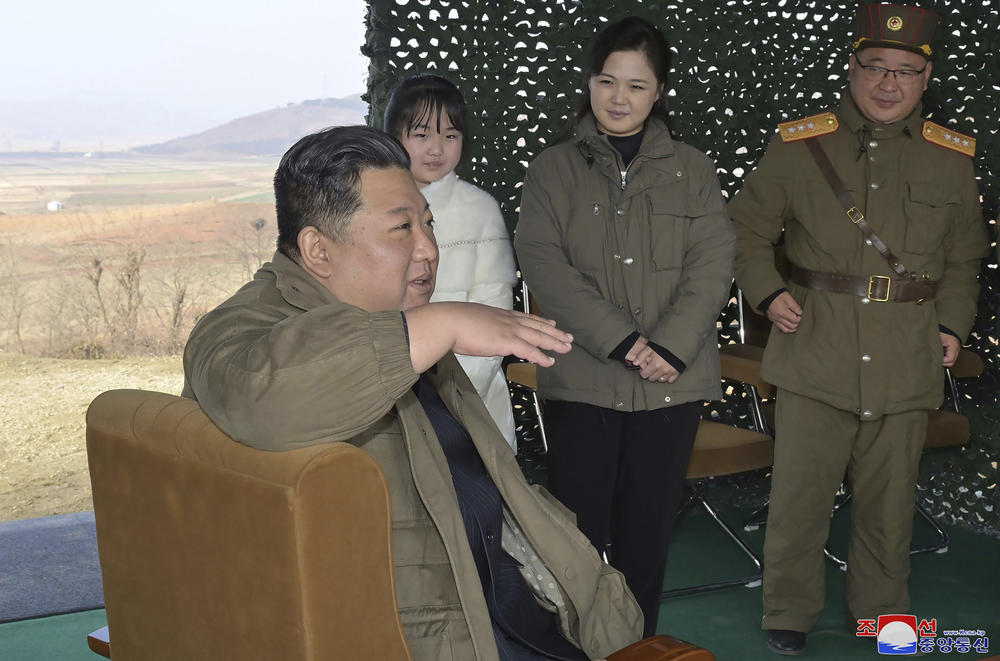 This photo provided on Nov. 19, 2022, by the North Korean government shows its leader Kim Jong Un, accompanied by his wife Ri Sol Ju, second from right, and his daughter, as Kim inspects the test firing of what it says a Hwasong-17 intercontinental ballistic missile in Pyongyang, North Korea, on Friday.