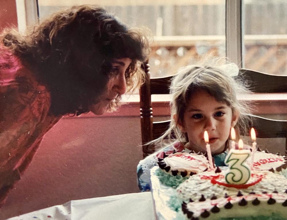 Lauren and her mom celebrating Lauren's third birthday, in December 1990.