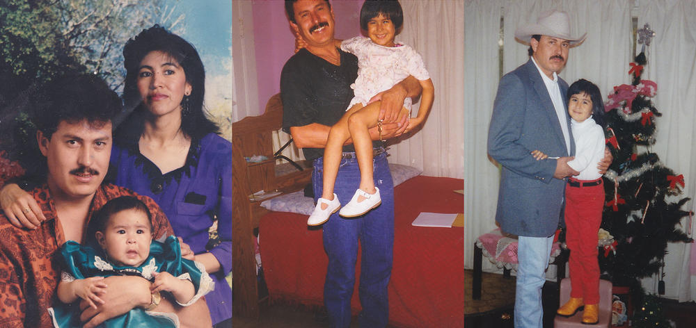 From left: Jennifer Moreno and her parents in 1993 (
