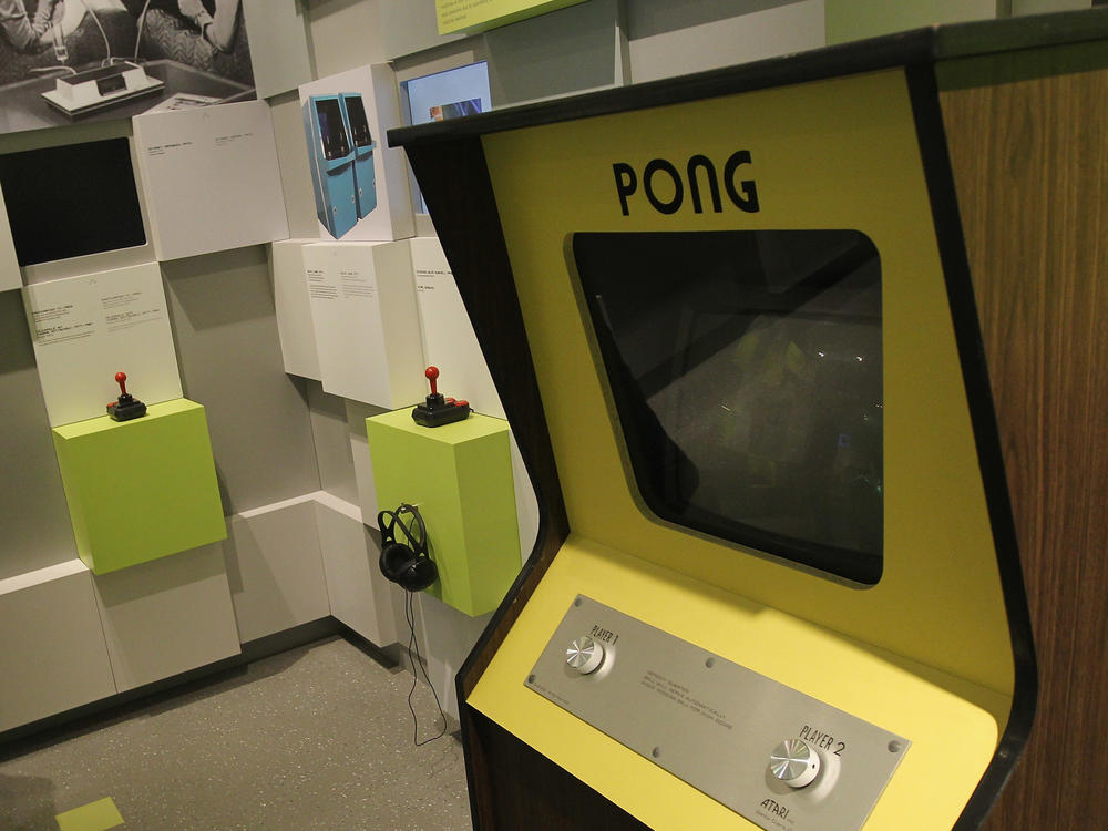 A display at the Computer Game Museum in Berlin, Germany features a standing console of Pong, one of the earliest commercially successful video games.