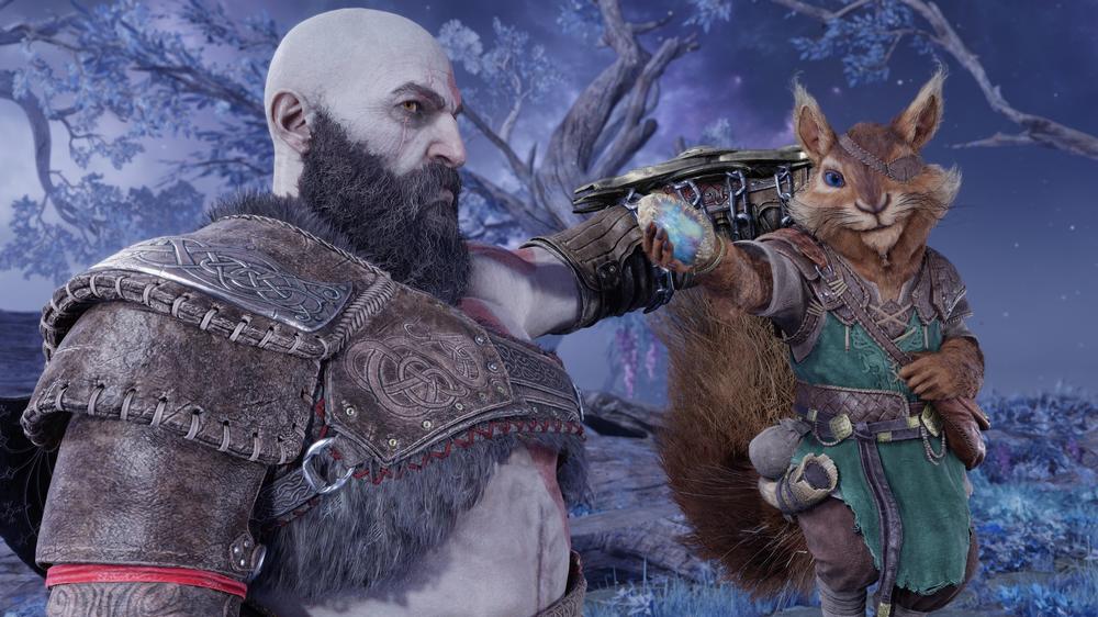 Kratos and divine squirrel Ratatoskr in a lighthearted moment from <em>God of War Ragnarök.</em>