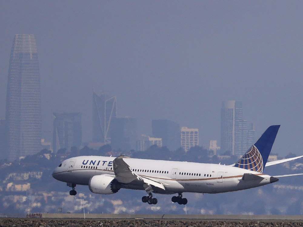 A United Airlines 787 Dreamliner lands at San Francisco International Airport on Oct. 19, 2021.