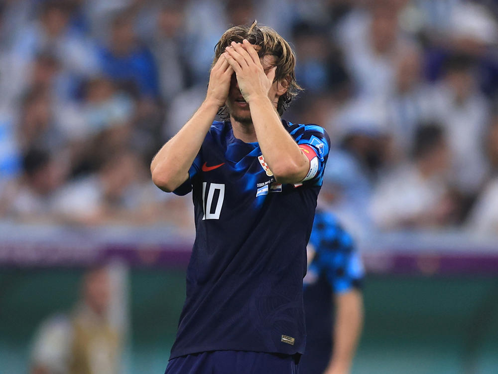 Luka Modrić of Croatia reacts during the World Cup semifinal match loss to Argentina 3-0.