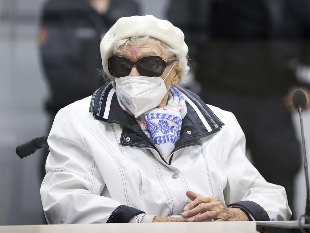 Irmgard Furchner sits in the courtroom at the beginning of the trial day in Itzehoe, Germany, Tuesday, Nov. 9, 2021.