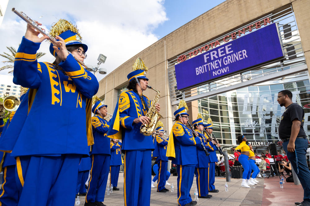 The Booker T. Washington High School band plays outside the Toyota Center during a rally on June 6, 2022 demanding WNBA player Brittney Griner be freed from Russian captivity. Full story <a href=