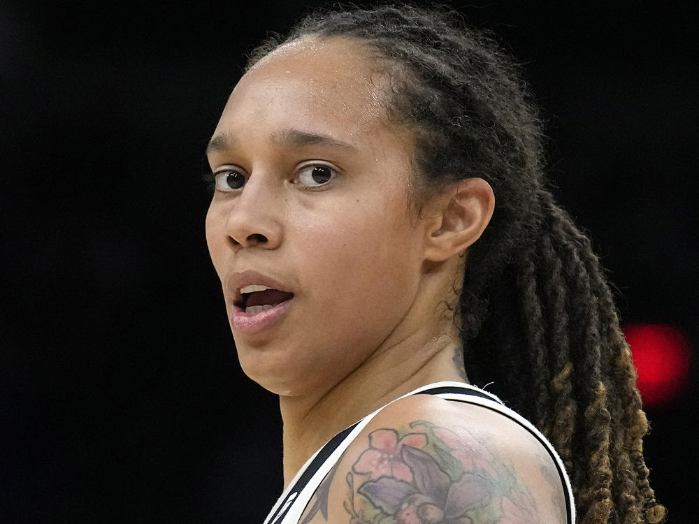 Phoenix Mercury center Brittney Griner is shown during the first half of Game 2 of basketball's WNBA Finals against the Chicago Sky, Oct. 13, 2021, in Phoenix.