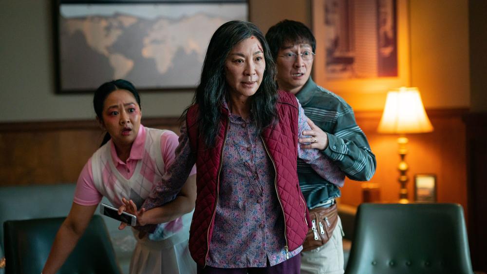Stephanie Hsu, Michelle Yeoh and Ke Huy Quan in <em>Everything Everywhere All at Once.</em>