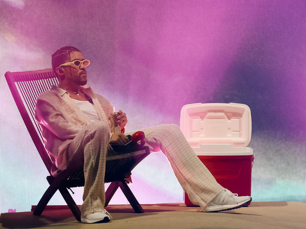 Bad Bunny, performing in Miami  on Aug. 12, 2022. The Puerto Rican superstar's wordplay was front-of-mind for <em>Alt.Latino</em> co-host Anamaria Sayre this year.