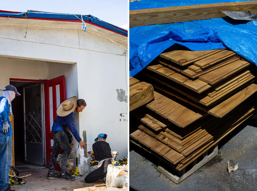 Making safety preparations to repair a roof in Toa Baja, left. On the right, the building materials that Sonia González Rivera spent years acquiring to repair the roof Hurricane Maria blew off the second story of her home in La Perla. Though she eventually had all she needed, she couldn't afford the labor to do the work.