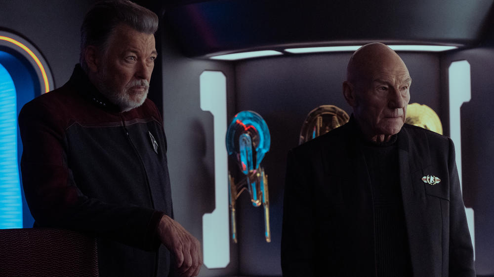 Jonathan Frakes as Riker and Patrick Stewart as Picard.