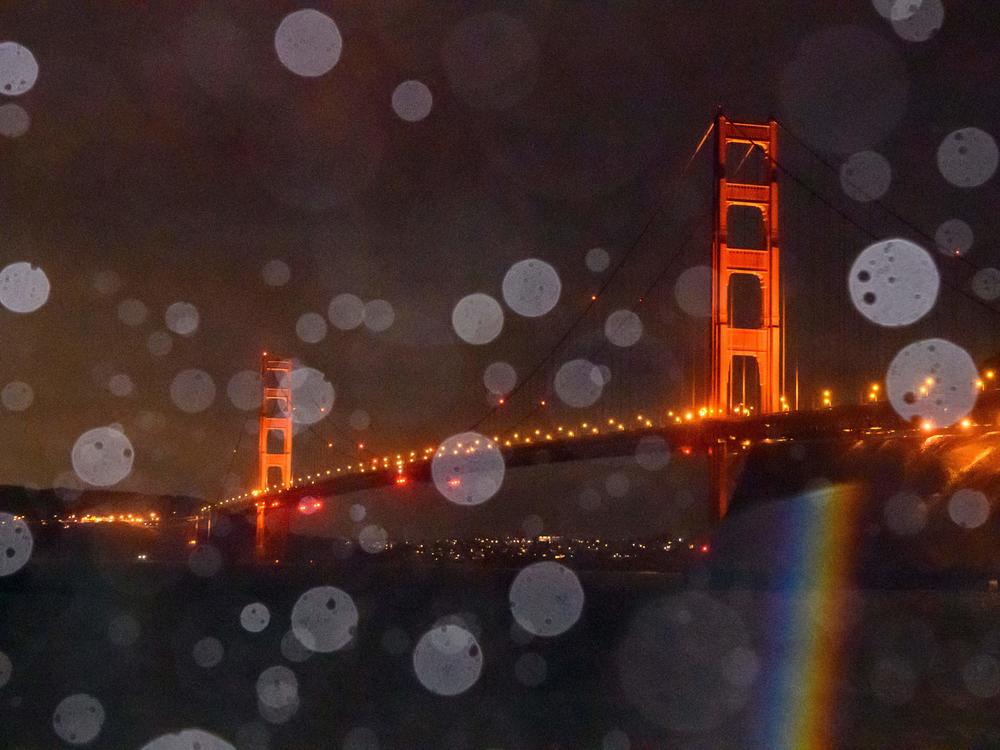 The Golden Gate Bridge is seen through a mix of rain and splashing bay water in Sausalito on January 5.