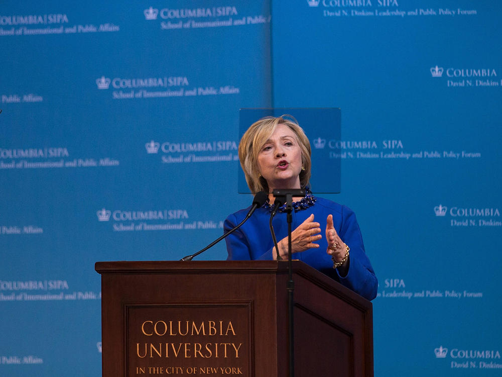Former Secretary of State Hillary Clinton speaks during the David N. Dinkins Leadership and Public Policy Forum at Columbia University in New York City in April 2015.