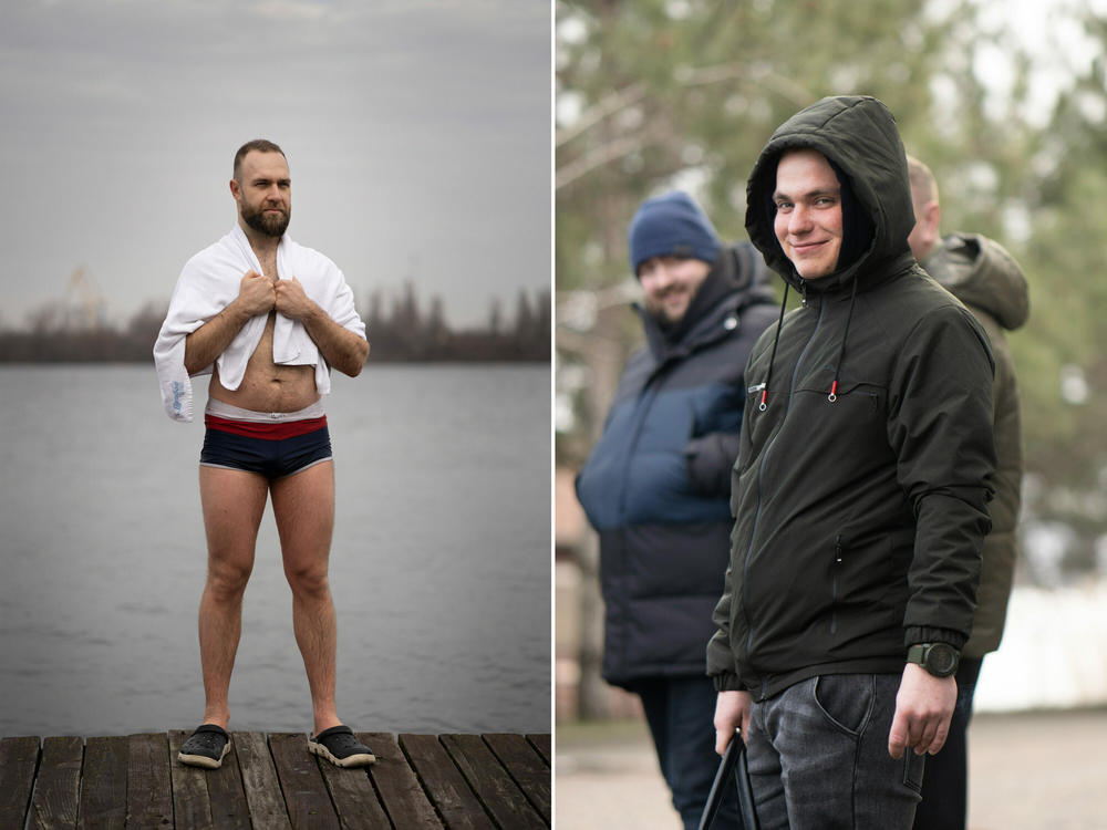 <strong>Left:</strong> Nikolai Pastushenko, 34, stands by the river after he took the plunge. <strong>Right:</strong> Stanislav Bazhenov, 22, a soldier on break from fighting in Soledar, Ukraine, warms up after taking his dip in the river with his friends.