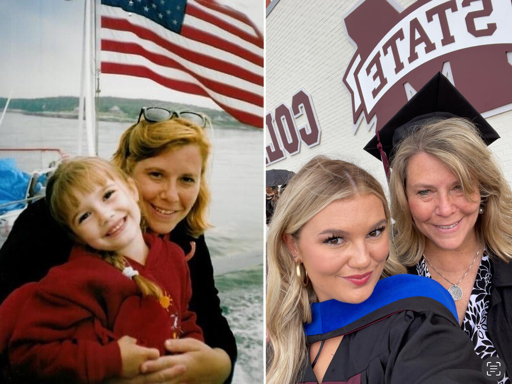 Sabrina Kronk and her daughter Katie about 20 years ago and more recently during Katie's graduation.