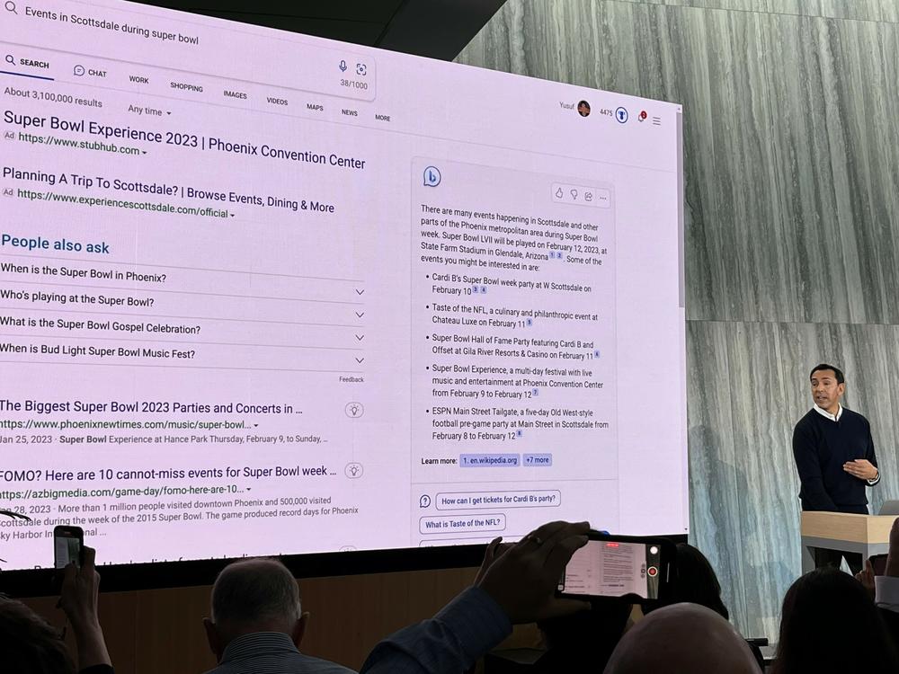 Microsoft executive Yusuf Mehdi shows off the company's relaunched Bing search engine powered by artificial intelligence.