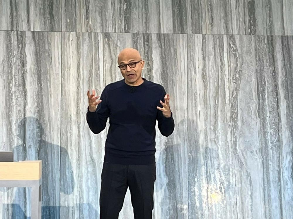 Microsoft CEO Satya Nadella presenting at the company's headquarters in Redmond, Wash.