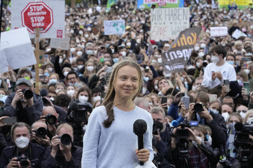 Thunberg at a Fridays for Future global climate strike in Berlin in 2021.