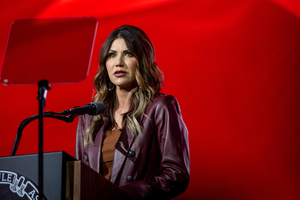 South Dakota Gov. Kristi Noem speaks during the National Rifle Association annual convention at the George R. Brown Convention Center in Houston on May 27, 2022.