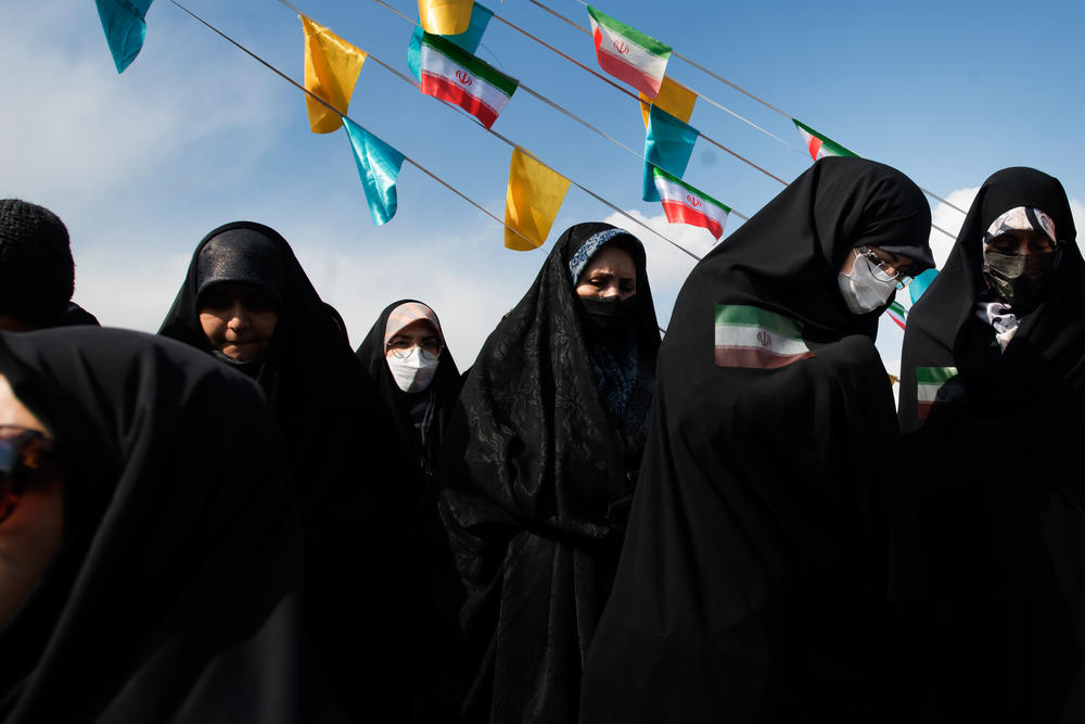 Women celebrate Revolution Day in Tehran.