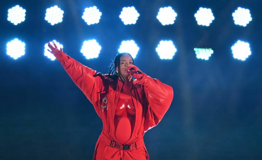 Rihanna performs during the halftime show of Super Bowl LVII between the Kansas City Chiefs and the Philadelphia Eagles in Glendale, Ariz., on February 12, 2023.