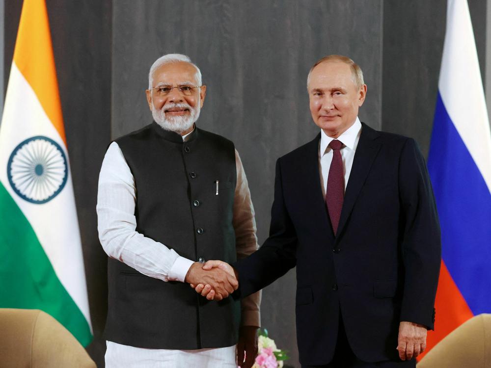 Russian President Vladimir Putin meets with India's Prime Minister Narendra Modi on the sidelines of the Shanghai Cooperation Organisation leaders' summit in Samarkand, Uzbekistan, on Sept. 16, 2022.