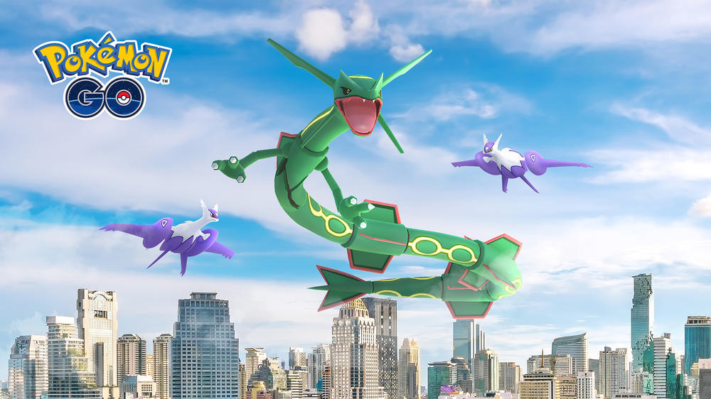 Mega Latios and Latias flank the third member of the weather-trio, Rayquaza