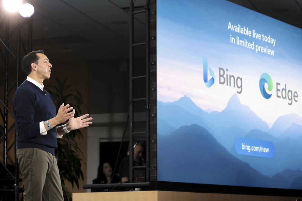 Microsoft's Yusuf Mehdi speaks during an event introducing the new AI-powered Microsoft Bing and Edge on February 7.