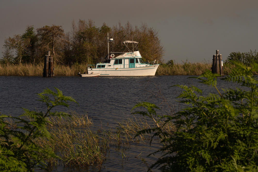 A boat is seen anchored at Alvin Ward Senior Memorial Park near Lake Okeechobee in Moore Haven, Fla. on February 10, 2023.