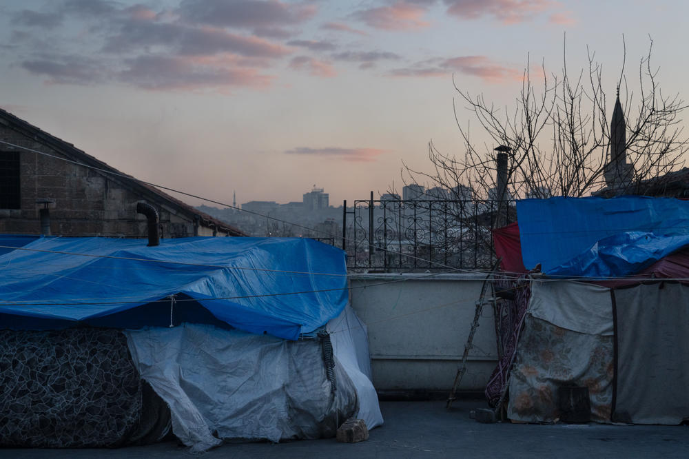 Tents set up by people living nearby while they wait to return to their homes in Gaziantep.