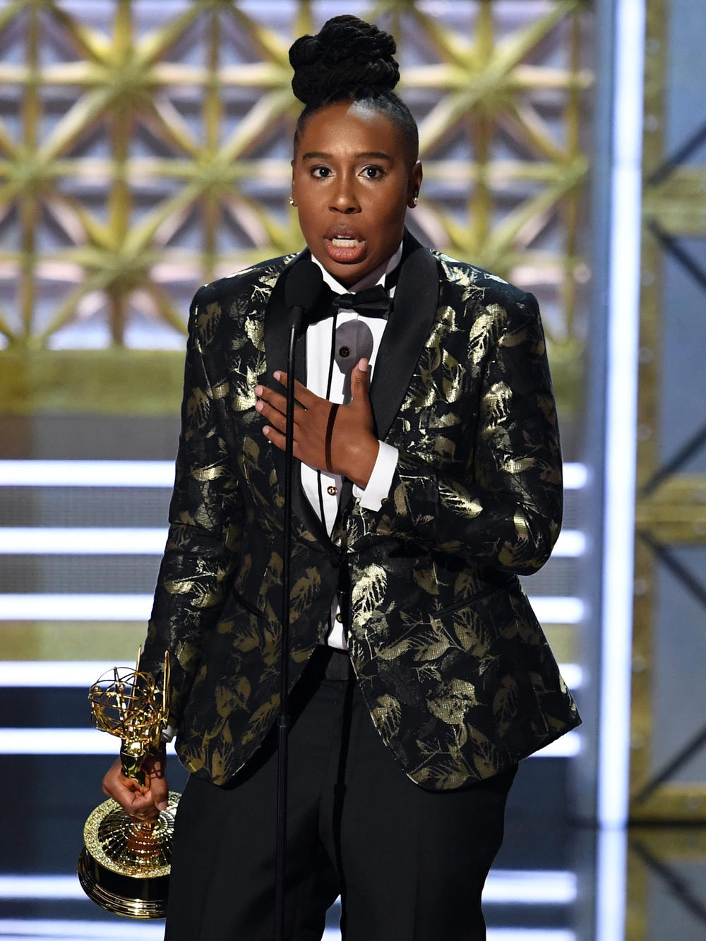 Lena Waithe accepts the Emmy for Outstanding Writing for a Comedy Series in 2017.