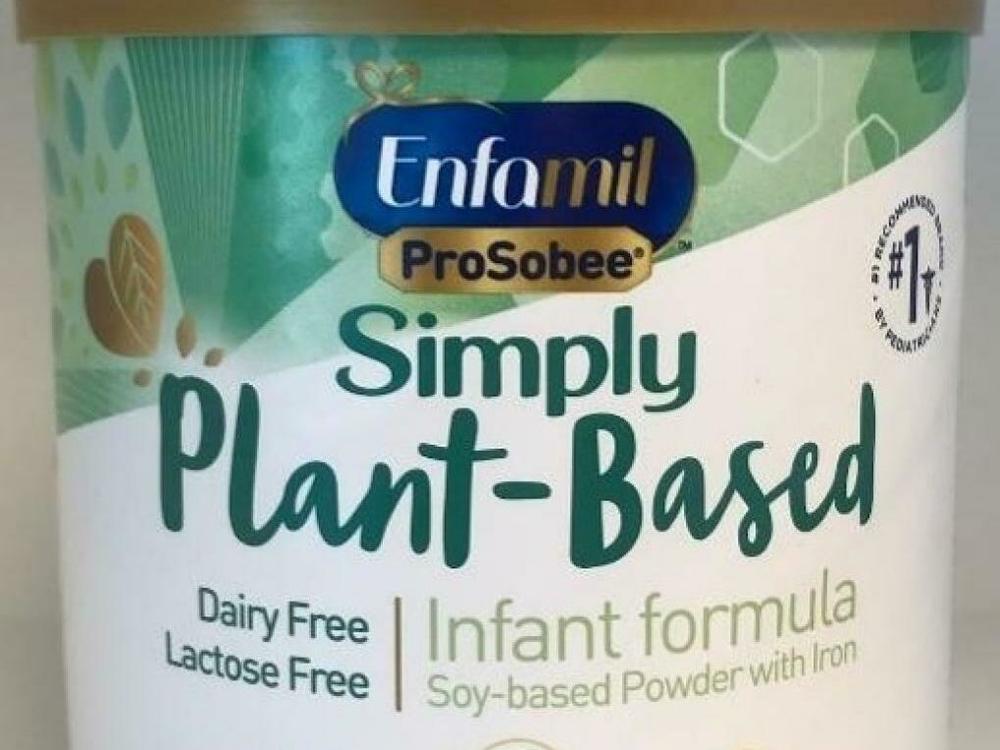 This photo, provided by Reckitt and the FDA, shows the type of plant-based infant formula being recalled over possible bacteria contamination.