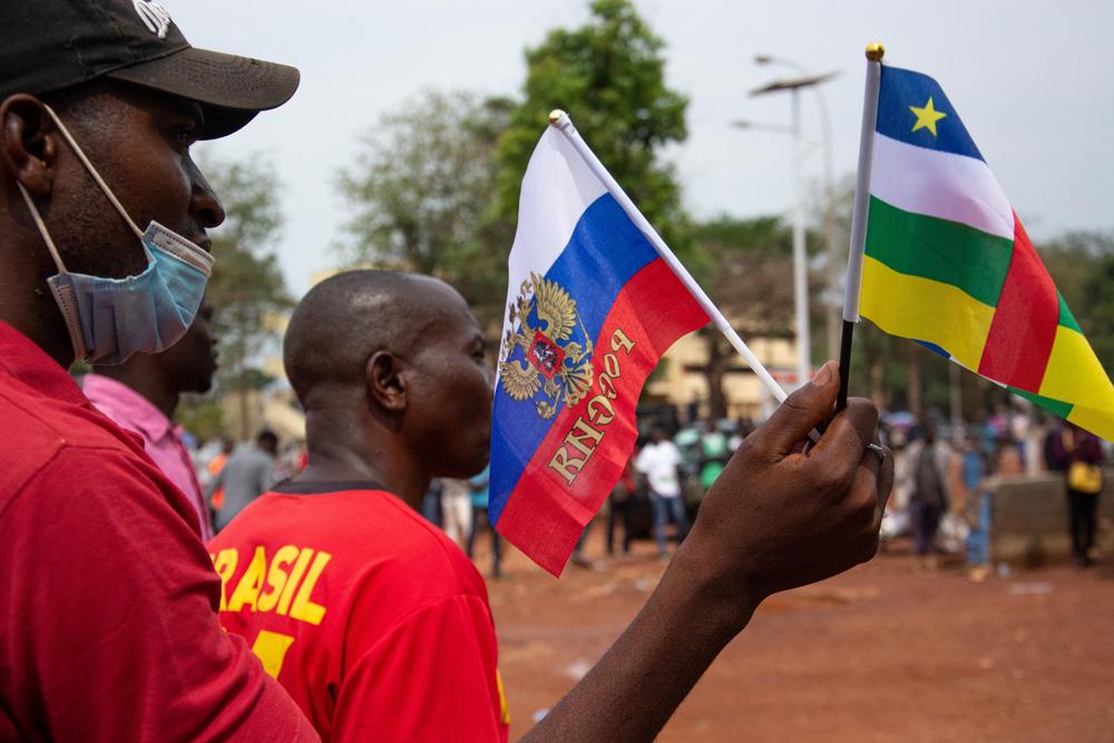 Russian and Central African Republic flags are waved by demonstrators last year in Bangui, the capital of the Central African Republic, in a demonstration in support of Russia in its offensive against Ukraine.