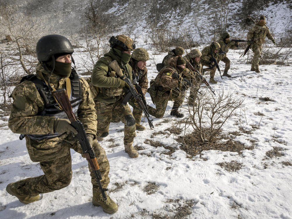 Ukrainian replacement troops go through combat training on Feb. 24 in the Donbas region of eastern Ukraine.