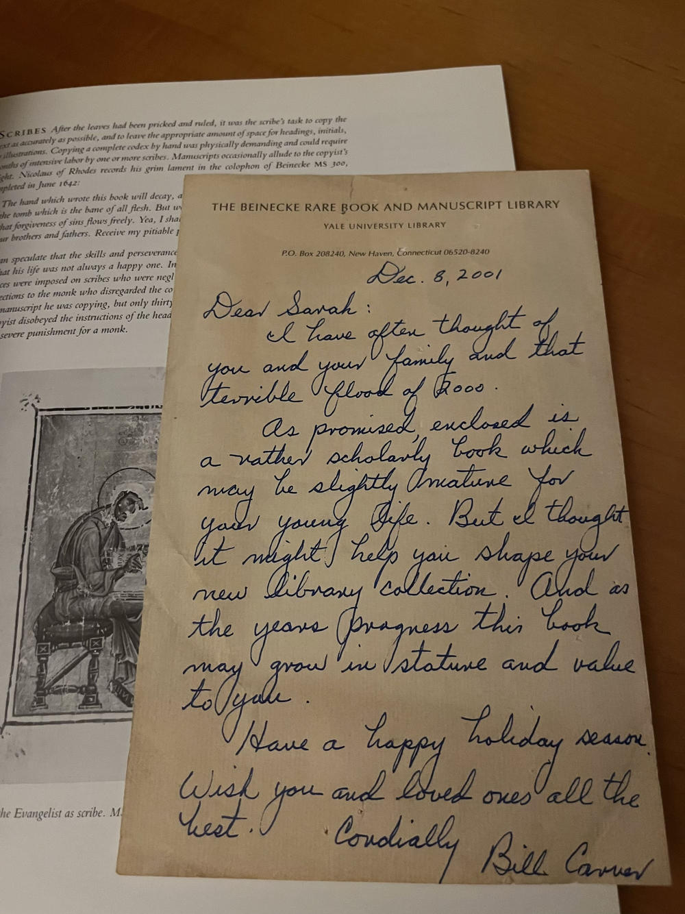 The letter Feldman received from Bill Carver along with a copy of <em>The Medieval Book</em> by Barbara A. Shailor.