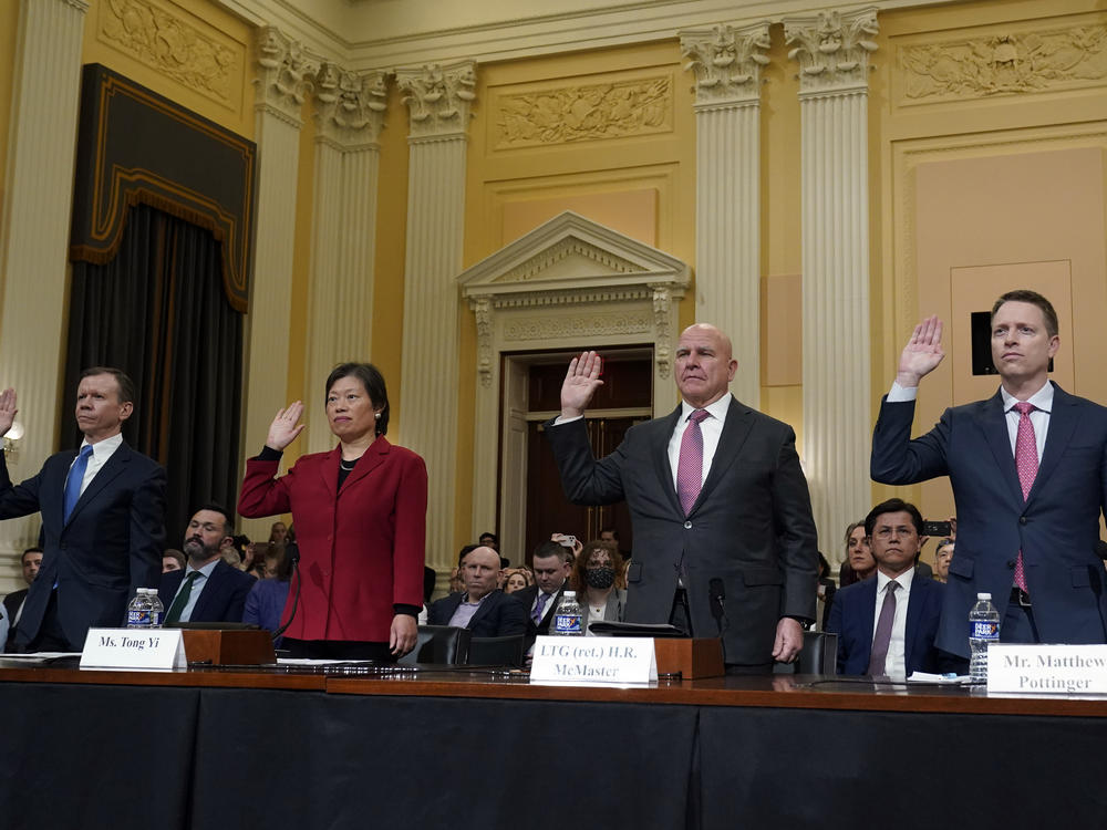 From left, Scott Paul, president of the Alliance for American Manufacturing; human rights advocate Tong Yi; H.R. McMaster, a former national security adviser to president Donald Trump; and Matt Pottinger, a former deputy national security adviser, testified at the U.S.-China committee hearing on Tuesday.