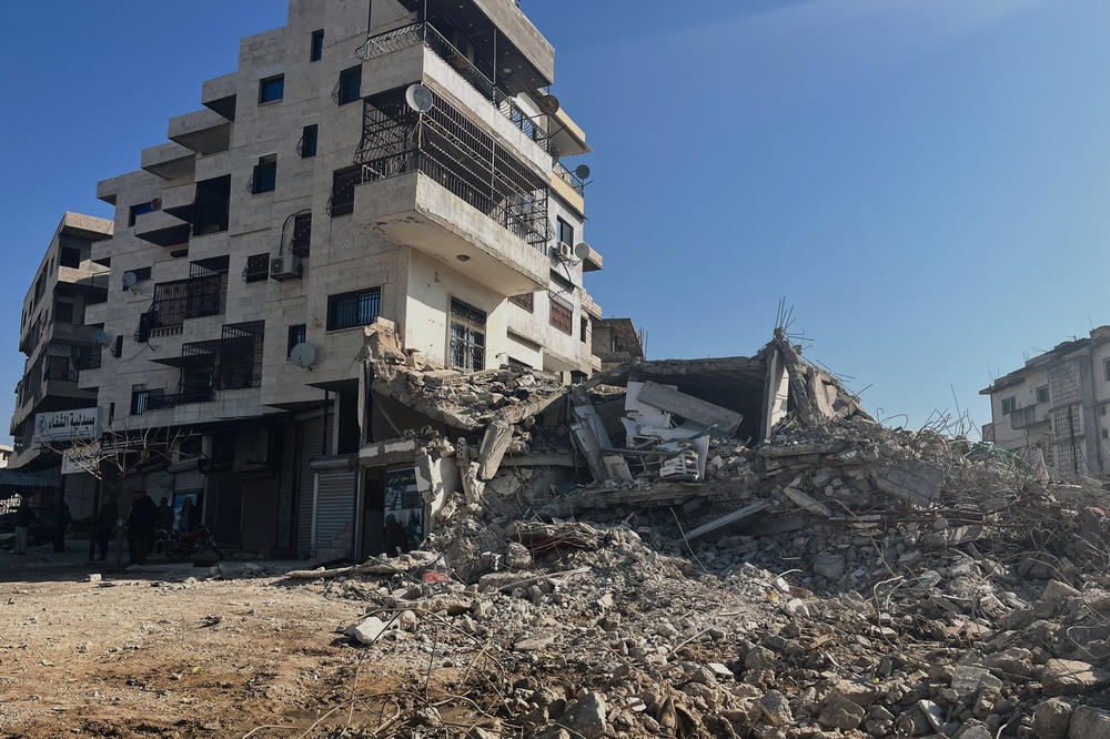 This image shows a residential building destroyed by the earthquakes in the Assaliya neighborhood of Jableh. Syrian medics say over 800 people died in the earthquakes in the Latakia region, which includes the city of Jableh, and more than 1,300 people were hospitalized.