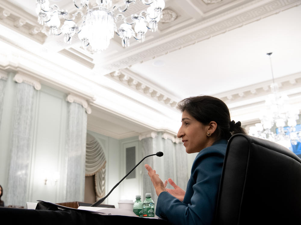 Lina Khan, as nominee for Commissioner of the Federal Trade Commission (FTC), speaks at a Senate Committee on Commerce, Science, and Transportation confirmation hearing on Capitol Hill on April 21, 2021.