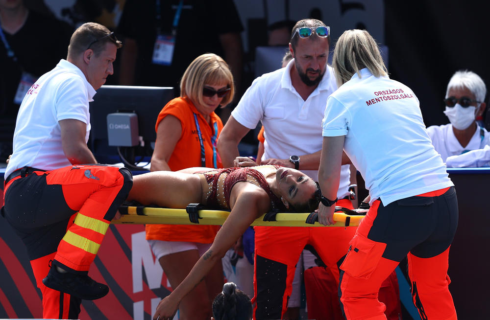Anita Alvarez of Team United States is attended to by medical staff following her Women's Solo Free Final performance on day six of the Budapest 2022 FINA World Championships at Alfred Hajos National Aquatics Complex on June 22, 2022 in Budapest, Hungary.