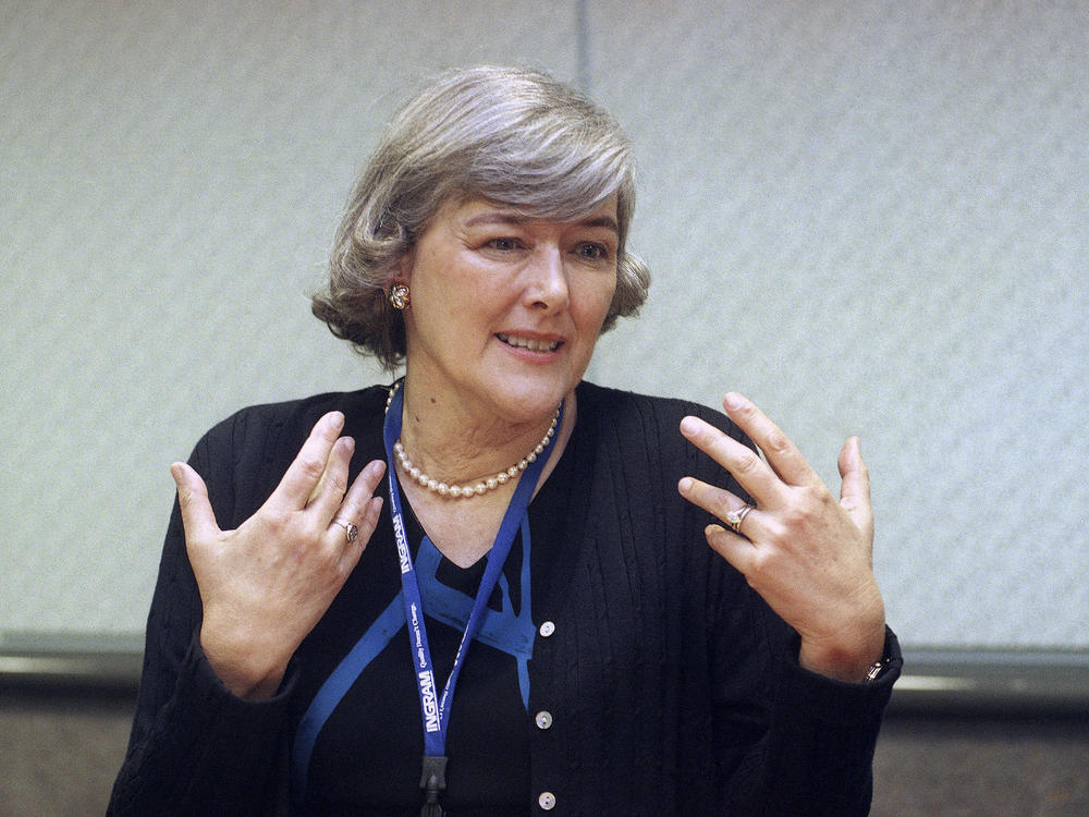Pat Schroeder speaks to a reporter during an interview at the Los Angeles Convention Center on April 30, 1999. Schroeder, a former Colorado representative and pioneer for women's and family rights in Congress, died March 13, 2023, at the age of 82.