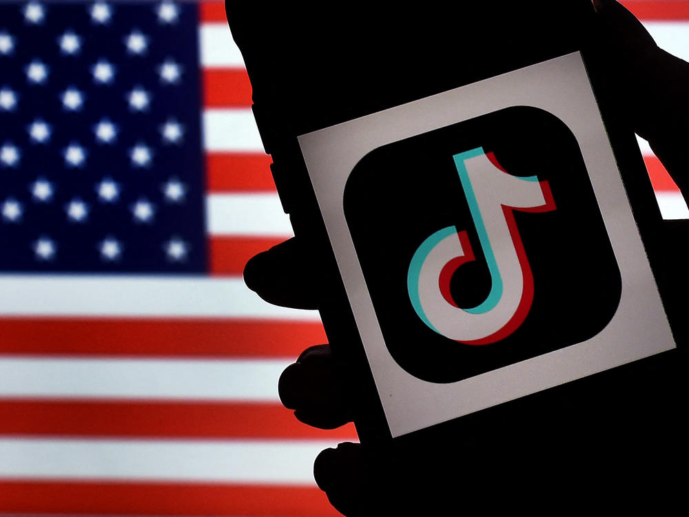 The social media application logo, TikTok is displayed on the screen of an iPhone on an American flag background. 