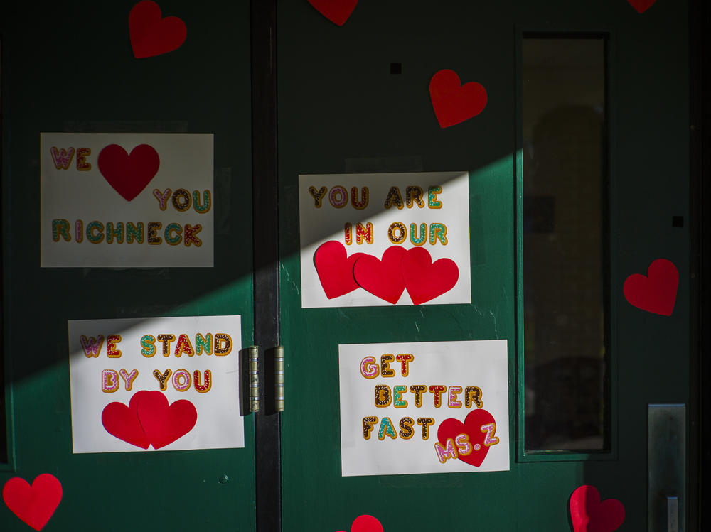 Messages of support for teacher Abby Zwerner, who was shot by a 6-year-old student, grace the front door of Richneck Elementary School Newport News, Va. on Jan. 9.