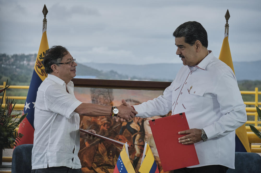 Colombian President Gustavo Petro (left) and his Venezuelan counterpart Nicolás Maduro shake hands during a meeting at the Tienditas International Bridge in Cúcuta, Colombia, on Feb. 16.
