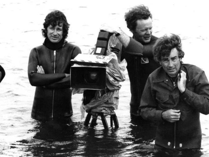 Director Steven Spielberg, camera operator Michael Chapman and cinematographer Bill Butler on the set of the Universal Pictures production of 'Jaws' in 1975.