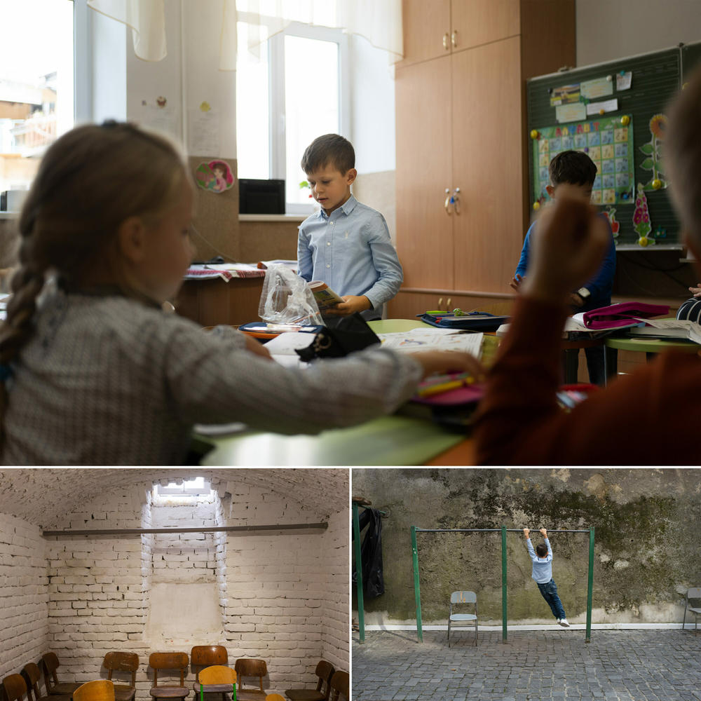 Bohdan's new school in Lviv is taught in person. There's a shelter in the basement in case of air raid sirens or missile attacks. 