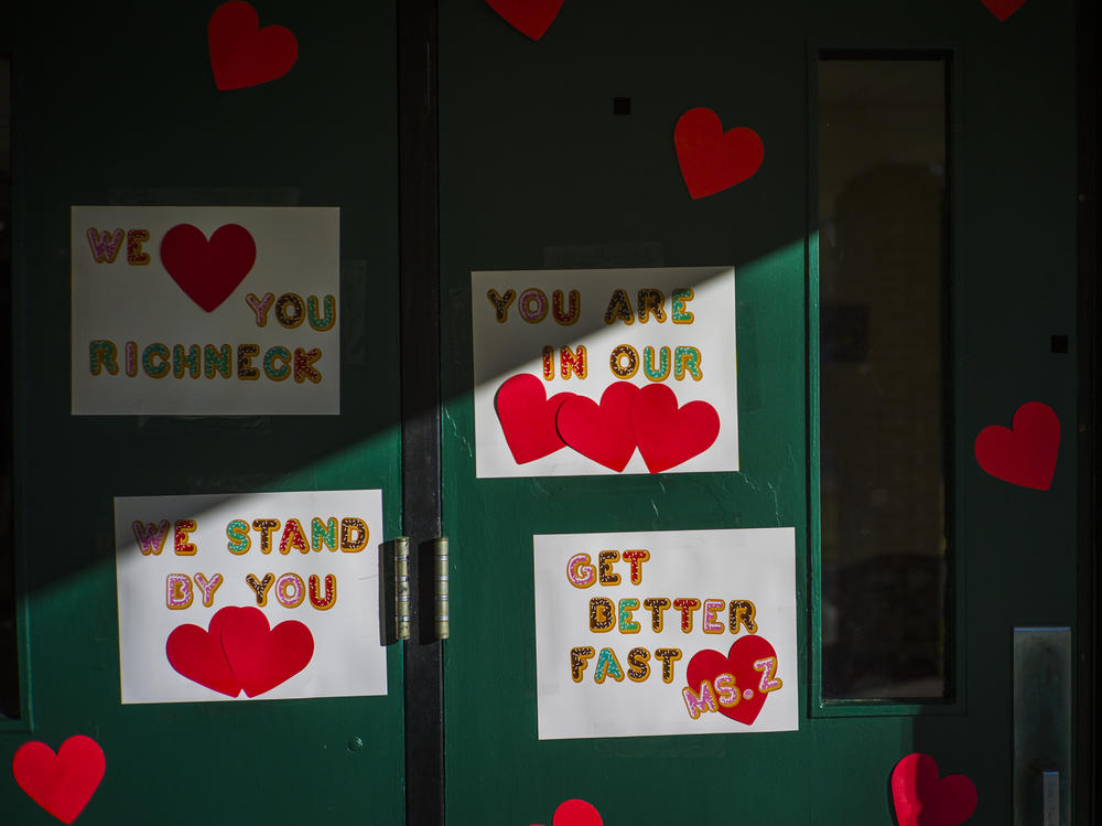 Messages of support for teacher Abby Zwerner, who was shot by a 6-year-old student, grace the front door of Richneck Elementary School Newport News, Va. on Jan. 9, 2023. Zwerner said Monday, March 20, that she has had four surgeries and has gone through a challenging recovery.
